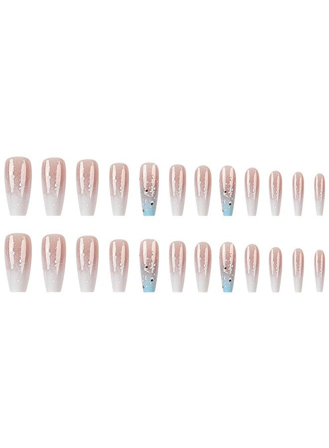 TOGZOM Ombre Press on Nails Medium Square Fake Nails Glitter Acrylic Nails Cute Blue White Gradient Artificial Nails Short Coffin False Nails Press ons Glossy Stick on Nails for Women Girls Manicure 24Pcs - Image 5